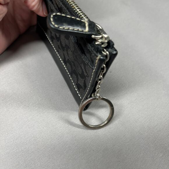 COACH Keychain Coin Purse Wallet Black Signature Jacquard & Leather Trim - Picture 5 of 12